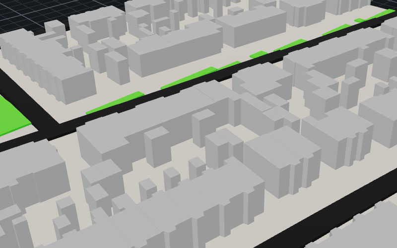3D-model van een woonwijk waarin alle huizen even hoge blokken met platte daken zijn