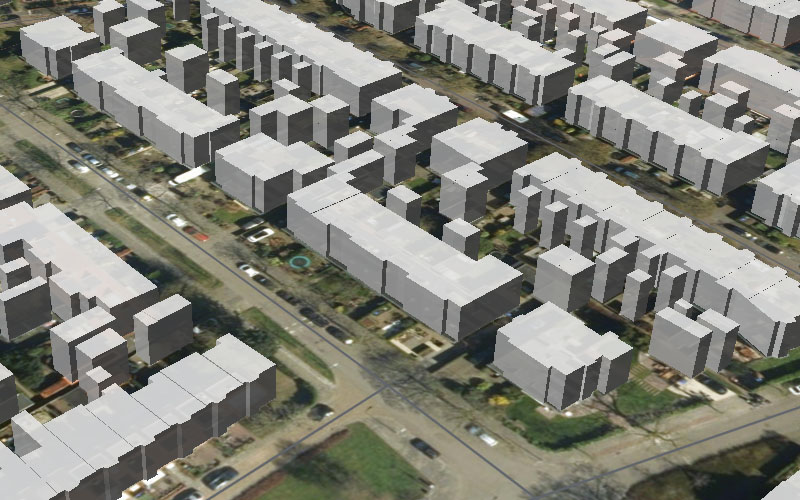 3D-model van dezelfde soort straat, opgebouwd uit rechthoekige blokken zonder daklijn