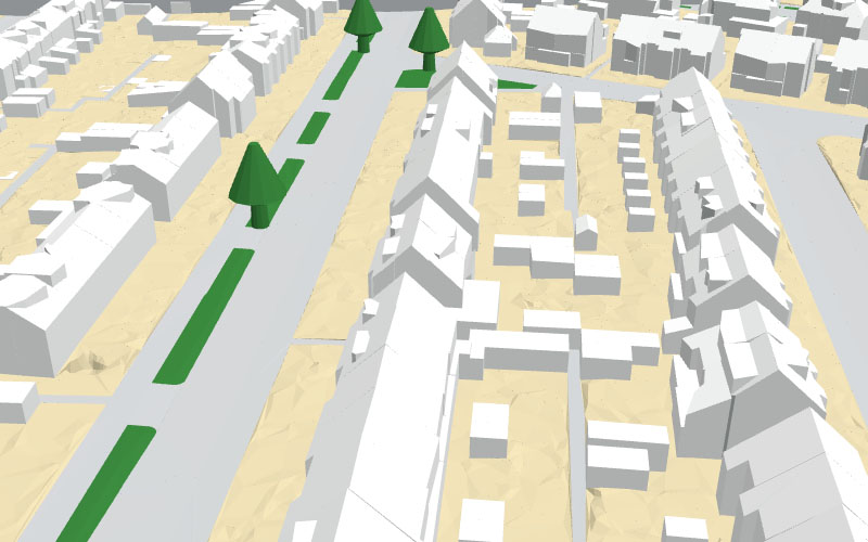 3D-model met schuine daken waarvan de nokken verspringen en het terrein onregelmatig golft